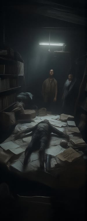 A dimly lit office with scattered papers on a large desk, where the body of a man lies sprawled with a gun nearby. A handwritten note on the desk reads "Maaf, aku tidak bisa mengatasinya lagi," smudged slightly. The room has a minimalist design, with faint shadows falling over shelves and a single light casting an ominous glow over the scene. A detective and police officer stand at the entrance, taking in the scene with intense expressions. The atmosphere is quiet and tense.