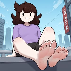 score_9, score_8_up, score_7_up, score_6_up, score_5_up, score_4_up, 1girl, feet, soles, toes, barefoot, foot focus, jaiden, purple shirt, long hair, brown hair, pale skin, white skin, looking at viewer, smile, outdoors, city, city background