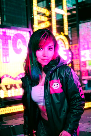 /workflow /run:flux-dev /size:768x1024 /seed:250150 /  The image portrays a woman with a black leather jacket decorated with colorful stickers her hair dyed in vibrant pink. Her gaze is directed to the side adding an air of intrigue to her character. The setting is a lively urban night scene filled with neon lights and signs written in an Asian language. The woman appears to be waiting or observing contributing to the overall atmosphere of mystery and excitement.  The color palette consists of predominant black from the jacket multicolored stickers on the same and pink from her hair. The im...
