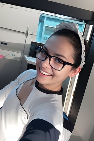 masterpiece, best quality, ultra-detailed, illustration, 1girl, solo, looking at viewer, , grey-framed eyewear, enmaided, maid, long sleeves, smile