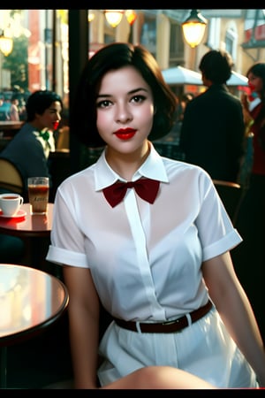 A photo of a young, nerdy woman sitting in a caf, wearing a white shirt and a bow, surrounded by a cozy atmosphere, looking at the viewer.
short hair, slender, red lips, transparent fabric, flirting with the camera