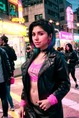 /workflow /run:flux-dev /size:768x1024 /seed:250150 /  The image portrays a woman with a black leather jacket decorated with colorful stickers her hair dyed in vibrant pink. Her gaze is directed to the side adding an air of intrigue to her character. The setting is a lively urban night scene filled with neon lights and signs written in an Asian language. The woman appears to be waiting or observing contributing to the overall atmosphere of mystery and excitement.  The color palette consists of predominant black from the jacket multicolored stickers on the same and pink from her hair. The im...
