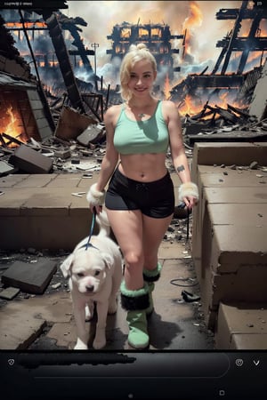 DV4_Thayrene_Vicious
(skinny, slim, slender, narrow waist, very long legs, abs:1.3) BREAK (friendly:1.4) 
(fluffy, furry shorts and top and ugg boots:1.3)
(walking her puppy in a dystopian city in between ruins and fire:1.4) 
((Photo Focus, DOF, Aperture, insanely detailed and intricate, character, hypermaximalist, hyper realistic, super detailed,))  
(smile at viewer:1.3)
  
