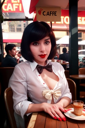 A photo of a young, nerdy woman sitting in a caf, wearing a white shirt and a bow, surrounded by a cozy atmosphere, looking at the viewer.
short hair, slender, red lips, transparent fabric, flirting with the camera