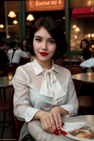 A photo of a young, nerdy woman sitting in a caf, wearing a white shirt and a bow, surrounded by a cozy atmosphere, looking at the viewer.
short hair, slender, red lips, transparent fabric, flirting with the camera