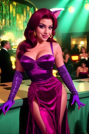 jessica rabbit, glamorous cartoon woman with long red hair covering one eye, in a shimmering red strapless evening gown with purple gloves, thigh-high slit, hourglass figure, standing in a dimly lit nightclub, holding a vintage microphone, sultry eyes, confident smile, golden earrings, 1940s animation style 