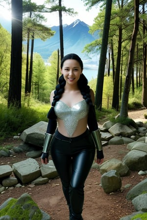 score_9, score_8_up, score_7_up, BREAK, 
1girl, solo, shadowheart, black hair, braided ponytail, long hair, green eyes, scar on face, circlet, looking at viewer, armor, leather pants, 
smile, standing, contrapposto,
river, rocks, forest, trees, blue sky, grass, moutains background 