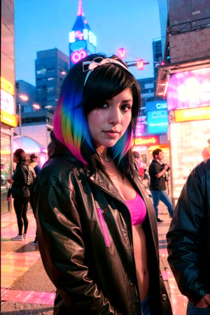 /workflow /run:flux-dev /size:768x1024 /seed:250150 /  The image portrays a woman with a black leather jacket decorated with colorful stickers her hair dyed in vibrant pink. Her gaze is directed to the side adding an air of intrigue to her character. The setting is a lively urban night scene filled with neon lights and signs written in an Asian language. The woman appears to be waiting or observing contributing to the overall atmosphere of mystery and excitement.  The color palette consists of predominant black from the jacket multicolored stickers on the same and pink from her hair. The im...
