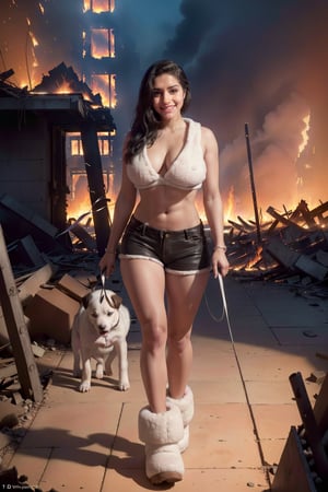 DV4_Thayrene_Vicious
(skinny, slim, slender, narrow waist, very long legs, abs:1.3) BREAK (friendly:1.4) 
(fluffy, furry shorts and top and ugg boots:1.3)
(walking her puppy in a dystopian city in between ruins and fire:1.4) 
((Photo Focus, DOF, Aperture, insanely detailed and intricate, character, hypermaximalist, hyper realistic, super detailed,))  
(smile at viewer:1.3)
  
