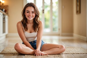 Close-up shot of a young woman sitting on the floor, legs apart in an innocent pose, showcasing her carefree attitude. Soft, warm lighting illuminates her youthful features and vibrant smile. The camera captures every detail, from the gentle curve of her eyebrows to the subtle freckles on her cheeks. Framed by a shallow depth of field, the subject takes center stage, surrounded by a blurred background. No filters or edits can enhance this natural beauty, as if captured in an unguarded moment, yet with perfect proportions and crystal-clear image quality.