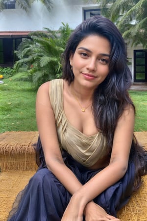 beautiful cute young attractive indian teenage girl, village girl, 19 years old, cute, Indian model, long black hair, colorful hair, dacing, sitting in home, ,realistic, portrait, , hairstyle ,indian, smiling face, black saree, far shot,  hairstyle, on phone smile , far , indian,