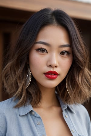 close-up portrait,Young woman 25 year old eye lashes, red lipstick ,Asian,similar to a very young woman, 1girl, thick teased fluffed big wild 1960's messy curled sexy pompadore half-bun hair style, shiny skin, sharp, Perfect Body Beauty, realistic shaded perfect body, ("casual dress attire" :1.2) , (dynamic pose:1.1)