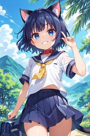 masterpiece, best quality, ultra-detailed, score_9, score_8_up, score_7_up, 
focus on face,

(one girl), solo,

shiny dark blue hair, shiny dark blue cat ears ,  short bob hair, dark blue medium hair, shiny dark blue hairs ,blue eyes,

, kannakamui, emo, Claudia, , (((flat chest))), No public hair, extremely pretty face, beautiful face, ultra-detaild face, cute and round face, ultra-detailed eyes, round eyes, rubby eyes, droopy eyes, 

beautiful and delicate and ultra-detailed finger, 

(((very young Petite girl))), skinny,

((cat ears)),Cat ears the same color as her hair, cat collar, cat tail,

summer, japan, country, countryside, mountain range, paddy field, 


walking, carry a blue student bag on one's shoulder, hands free,

(((white summer school uniform))), short sleeve, yellow ribbon tie,  wind,

shyness, smile, happy,

look at viewer, shot from below, 

,mirham,angeldust_style,scenery