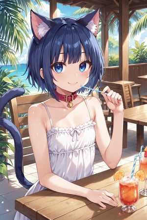 masterpiece, best quality, ultra-detailed, score_9, score_8_up, score_7_up, 
focus on face,

(one girl), 

shiny dark blue hair, shiny dark blue cat ears ,  short bob hair, dark blue medium hair, shiny dark blue hairs ,blue eyes,

, kannakamui, emo, Claudia, , (((flat chest))), No public hair, extremely pretty face, beautiful face, ultra-detaild face, cute and round face, ultra-detailed eyes, round eyes, rubby eyes, droopy eyes , 

beautiful and delicate and ultra-detailed finger, 

(((very young Petite girl))), skinny,

((nekomimi)),Cat ears the same color as her hair, cat collar,

summer, in the lakeside, outdoor, resort,
 in  the open cafe, sit at a table, tabe center on one tropical juice, two straws,

white Summer-like camisole dress , colored lace line ribbon, lots of lace, shyness, smile, happy,

cat tail,
