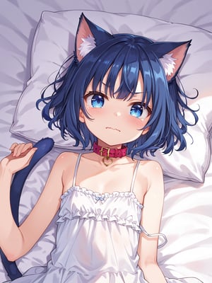 masterpiece, best quality, 8k, ultra-detailed, score_9, score_8_up, score_7_up, , kannakamui, 
shiny dark blue hair, shiny dark blue cat ears , short bob hair, dark blue medium hair, shiny dark blue hairs ,blue eyes, (((flat chest))), No public hair, extremely pretty face, beautiful face, ultra-detaild face, cute and round face, ultra-detailed eyes, round eyes, rubby eyes, droopy eyes , beautiful and delicate and ultra-detailed finger, (((very young Petite girl))), skinny,  cat collar, cat tail, heart,

only white Summer-like camisole dress , colored lace line ribbon, lots of lace, white dress skret,

in the girl's room, on bed, pastel colored sheets, fancy items, pillow,
shot from above, portrait, face, look away, 

((watery eyes)), bow, V-shaped eyebrows, tears, cry, fullblush,
close mouth, wavy mouth,


