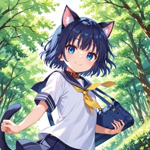 masterpiece, best quality, ultra-detailed, score_9, score_8_up, score_7_up, 
focus on face,

(one girl), solo,

shiny dark blue hair, shiny dark blue cat ears ,  short bob hair, dark blue medium hair, shiny dark blue hairs ,blue eyes,

, kannakamui, emo, Claudia, , (((flat chest))), No public hair, extremely pretty face, beautiful face, ultra-detaild face, cute and round face, ultra-detailed eyes, round eyes, rubby eyes, droopy eyes, 

beautiful and delicate and ultra-detailed finger, 

(((very young Petite girl))), skinny,

((cat ears)),Cat ears the same color as her hair, cat collar, cat tail,

summer, japan, country, countryside, mountain range, paddy field, 


walking, carry a blue student bag on one's shoulder, hands free,

(((white summer school uniform))), short sleeve, yellow ribbon tie,  wind,

shyness, smile, happy,

look at viewer, shot from below, 

,mirham,angeldust_style,scenery