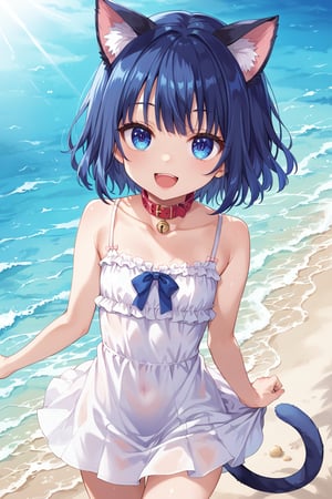 masterpiece, best quality, ultra-detailed, score_9, score_8_up, score_7_up, 
focus on face,

(one girl), shot from above,

shiny dark blue hair, shiny dark blue cat ears ,  short bob hair, dark blue medium hair, shiny dark blue hairs ,blue eyes,

, kannakamui, emo, Claudia, , (((flat chest))), No public hair, extremely pretty face, beautiful face, ultra-detaild face, cute and round face, ultra-detailed eyes, round eyes, rubby eyes, droopy eyes , 

beautiful and delicate and ultra-detailed finger, 

(((very young Petite girl))), skinny,

((nekomimi)),Cat ears the same color as her hair, cat collar,

summer, in the lakeside beach, outdoor, resort,
 in  the see ,on shallow water, hands to skirt lift, kicking shallow water,

white Summer-like camisole dress , colored lace line ribbon, lots of lace, shyness, smile, happy, small open mouth,

cat tail,
