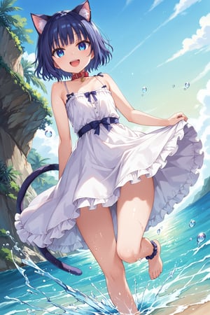 masterpiece, best quality, ultra-detailed, score_9, score_8_up, score_7_up, 
focus on face,

(one girl), shot from below, full body,

shiny dark blue hair, shiny dark blue cat ears ,  short bob hair, dark blue medium hair, shiny dark blue hairs ,blue eyes,

, kannakamui, emo, Claudia, , (((flat chest))), No public hair, extremely pretty face, beautiful face, ultra-detaild face, cute and round face, ultra-detailed eyes, round eyes, rubby eyes, droopy eyes , 

beautiful and delicate and ultra-detailed finger, 

(((very young Petite girl))), skinny,

((nekomimi)),Cat ears the same color as her hair, cat collar,

summer, in the lakeside beach, outdoor, resort,
 in  the see ,on shallow water, (((hands to dress lift))), (kick up water),
 ,(Splashing water from ankle),
((water drops on legs)),(water on legs),

 only white Summer-like camisole dress , colored lace line ribbon, lots of lace, white dress skret,shyness, smile, happy, small open mouth,

cat tail,
