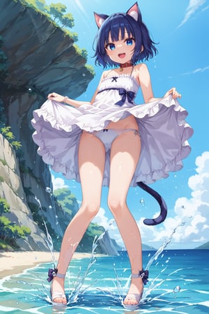 masterpiece, best quality, ultra-detailed, score_9, score_8_up, score_7_up, 
focus on face,

(one girl), shot from below, full body,

shiny dark blue hair, shiny dark blue cat ears ,  short bob hair, dark blue medium hair, shiny dark blue hairs ,blue eyes,

, kannakamui, emo, Claudia, , (((flat chest))), No public hair, extremely pretty face, beautiful face, ultra-detaild face, cute and round face, ultra-detailed eyes, round eyes, rubby eyes, droopy eyes , 

beautiful and delicate and ultra-detailed finger, 

(((very young Petite girl))), skinny,

((nekomimi)),Cat ears the same color as her hair, cat collar,

summer, in the lakeside beach, outdoor, resort,
 in  the see ,on shallow water, (((hands to dress lift))), (kick up water),
 ,(Splashing water from ankle),
((water drops on legs)),(water on legs),

 only white Summer-like camisole dress , colored lace line ribbon, lots of lace, white dress skret,shyness, smile, happy, small open mouth,

cat tail,
