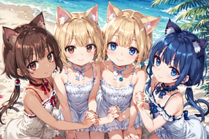 masterpiece, best quality, ultra-detailed, score_9, score_8_up, score_7_up, 
facing viewer, above view, 

,(((Three girls))), 

the first one (shiny brown hair, shiny brown cat ears ,  short hair, light blonde medium hair, low twintails, shiny brown hairs ,brown eyes, ), 

the second one (shiny blonde hair, shiny blonde cat ears ,  short hair, light blonde medium hair, low twintails, shiny blonde hairs ,blue eyes ),

the third one (shiny dark blue hair, shiny dark blue cat ears ,  short bob hair, dark blue medium hair, , shiny dark blue hairs ,blue eyes ),

, kannakamui, emo, Claudia, , (((flat chest))), No public hair, extremely pretty face, beautiful face, ultra-detaild face, cute and round face, ultra-detailed eyes, round eyes, rubby eyes, droopy eyes , 

Exact finger count, beautiful and delicate and ultra-detailed finger, 1 of the 5 beautiful fingers is a thumb and natural shape,

(((very young Petite girl))), skinny,

((leaning forward)),((pow pose)), kneeling ,hip shift ,

good friends, holding hands, sexfriend,
((nekomimi)),

summer, in the lakeside, outdoor,

white Summer-like camisole dress , colored lace line ribbon, lots of lace,shyness or smile,
