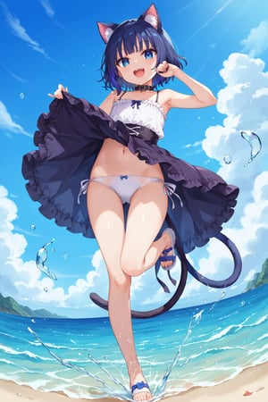 masterpiece, best quality, ultra-detailed, score_9, score_8_up, score_7_up, 
focus on face,

(one girl), shot from below, full body,

shiny dark blue hair, shiny dark blue cat ears ,  short bob hair, dark blue medium hair, shiny dark blue hairs ,blue eyes,

, kannakamui, emo, Claudia, , (((flat chest))), No public hair, extremely pretty face, beautiful face, ultra-detaild face, cute and round face, ultra-detailed eyes, round eyes, rubby eyes, droopy eyes , 

beautiful and delicate and ultra-detailed finger, 

(((very young Petite girl))), skinny,

((nekomimi)),Cat ears the same color as her hair, cat collar,

summer, in the lakeside beach, outdoor, resort,
 in  the see ,on shallow water, hands to skirt lift, kicking shallow water,

white Summer-like camisole dress , colored lace line ribbon, lots of lace, shyness, smile, happy, small open mouth,

cat tail,
