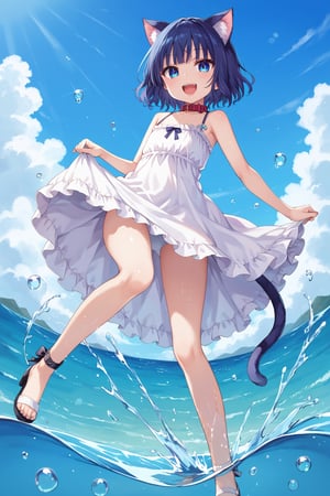 masterpiece, best quality, ultra-detailed, score_9, score_8_up, score_7_up, 
focus on face,

(one girl), shot from below, full body,

shiny dark blue hair, shiny dark blue cat ears ,  short bob hair, dark blue medium hair, shiny dark blue hairs ,blue eyes,

, kannakamui, emo, Claudia, , (((flat chest))), No public hair, extremely pretty face, beautiful face, ultra-detaild face, cute and round face, ultra-detailed eyes, round eyes, rubby eyes, droopy eyes , 

beautiful and delicate and ultra-detailed finger, 

(((very young Petite girl))), skinny,

((nekomimi)),Cat ears the same color as her hair, cat collar,

summer, in the lakeside beach, outdoor, resort,
 in  the see ,on shallow water, (((hands to dress lift))), (kick up water),
 ,(Splashing water from ankle),
((water drops on legs)),(water on legs),

 only white Summer-like camisole dress , colored lace line ribbon, lots of lace, white dress skret,shyness, smile, happy, small open mouth,

cat tail,
