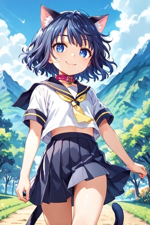 masterpiece, best quality, ultra-detailed, score_9, score_8_up, score_7_up, focus on face, (one girl), solo, shiny dark blue hair, shiny dark blue cat ears , short bob hair, dark blue medium hair, shiny dark blue hairs ,blue eyes, , kannakamui, emo, Claudia, , (((flat chest))), No public hair, extremely pretty face, beautiful face, ultra-detaild face, cute and round face, ultra-detailed eyes, round eyes, rubby eyes, droopy eyes, beautiful and delicate and ultra-detailed finger, (((very young Petite girl))), skinny, ((cat ears)),Cat ears the same color as her hair, cat collar, cat tail, summer, japan, country, countryside, mountain range, paddy field, walking, hands free,(((yellow line on 
 white school uniform))) , black skirt, yellow ribbon tie , blowing in the wind, shyness, smile, happy, look at viewer, shot from below, ,mirham,angeldust_style,scenery, kizaki school uniform