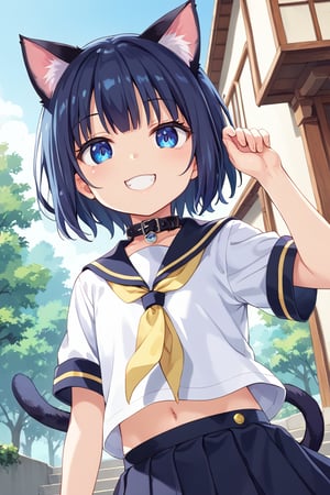 masterpiece, best quality, ultra-detailed, score_9, score_8_up, score_7_up, focus on face, (one girl), solo, shiny dark blue hair, shiny dark blue cat ears , short bob hair, dark blue medium hair, shiny dark blue hairs ,blue eyes, , kannakamui, emo, Claudia, , (((flat chest))), No public hair, extremely pretty face, beautiful face, ultra-detaild face, cute and round face, ultra-detailed eyes, round eyes, rubby eyes, droopy eyes, beautiful and delicate and ultra-detailed finger, (((very young Petite girl))), skinny, ((cat ears)),Cat ears the same color as her hair, cat collar, cat tail, 


hands free,(((single yellow line on 
 white school uniform))) , black skirt, yellow ribbon tie , in the house,  shyness, smile, happy, look at viewer, shot from below, ,mirham,angeldust_style,scenery, kizaki school uniform