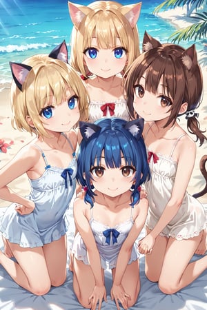 masterpiece, best quality, ultra-detailed, score_9, score_8_up, score_7_up, 
facing viewer, above view, 

,(((Three girls))), 

the first one (shiny brown hair, shiny brown cat ears ,  short hair, light blonde medium hair, low twintails, shiny brown hairs ,brown eyes, ), 

the second one (shiny blonde hair, shiny blonde cat ears ,  short hair, light blonde medium hair, low twintails, shiny blonde hairs ,blue eyes ),

the third one (shiny dark blue hair, shiny dark blue cat ears ,  short bob hair, dark blue medium hair, , shiny dark blue hairs ,blue eyes ),

, kannakamui, emo, Claudia, , (((flat chest))), No public hair, extremely pretty face, beautiful face, ultra-detaild face, cute and round face, ultra-detailed eyes, round eyes, rubby eyes, droopy eyes , 

Exact finger count, beautiful and delicate and ultra-detailed finger, 1 of the 5 beautiful fingers is a thumb and natural shape,

(((very young Petite girl))), skinny,

((leaning forward)),((pow pose)), kneeling ,hip shift ,

good friends, holding hands, sexfriend,

summer, in the lakeside, outdoor,

white Summer-like camisole dress , colored lace line ribbon, lots of lace,shyness or smile,
