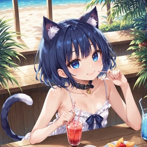 masterpiece, best quality, ultra-detailed, score_9, score_8_up, score_7_up, 
focus on face,

(one girl), shot from above,

shiny dark blue hair, shiny dark blue cat ears ,  short bob hair, dark blue medium hair, shiny dark blue hairs ,blue eyes,

, kannakamui, emo, Claudia, , (((flat chest))), No public hair, extremely pretty face, beautiful face, ultra-detaild face, cute and round face, ultra-detailed eyes, round eyes, rubby eyes, droopy eyes , 

beautiful and delicate and ultra-detailed finger, 

(((very young Petite girl))), skinny,

((nekomimi)),Cat ears the same color as her hair, cat collar,

summer, in the lakeside, outdoor, resort,
 in  the open cafe, sit at a table, one tropical juice, two straws, she drinks juice through a straw,

white Summer-like camisole dress , colored lace line ribbon, lots of lace, shyness, smile, happy,

cat tail,
