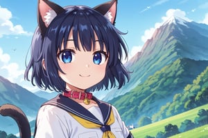 masterpiece, best quality, ultra-detailed, score_9, score_8_up, score_7_up, focus on face, (one girl), solo, shiny dark blue hair, shiny dark blue cat ears , short bob hair, dark blue medium hair, shiny dark blue hairs ,blue eyes, , kannakamui, emo, Claudia, , (((flat chest))), No public hair, extremely pretty face, beautiful face, ultra-detaild face, cute and round face, ultra-detailed eyes, round eyes, rubby eyes, droopy eyes, beautiful and delicate and ultra-detailed finger, (((very young Petite girl))), skinny, ((cat ears)),Cat ears the same color as her hair, cat collar, cat tail, summer, japan, country, countryside, mountain range, paddy field, walking, hands free, ((school uniform)), short sleeve, yellow ribbon tie, blowing in the wind, shyness, smile, happy, look at viewer, shot from below, ,mirham,angeldust_style,scenery,herikawa koishi