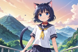 masterpiece, best quality, ultra-detailed, score_9, score_8_up, score_7_up, focus on face, (one girl), solo, shiny dark blue hair, shiny dark blue cat ears , short bob hair, dark blue medium hair, shiny dark blue hairs ,blue eyes, , kannakamui, emo, Claudia, , (((flat chest))), No public hair, extremely pretty face, beautiful face, ultra-detaild face, cute and round face, ultra-detailed eyes, round eyes, rubby eyes, droopy eyes, beautiful and delicate and ultra-detailed finger, (((very young Petite girl))), skinny, ((cat ears)),Cat ears the same color as her hair, cat collar, cat tail, summer, japan, country, countryside, mountain range, paddy field, walking, hands free, ((school uniform)), short sleeve, yellow ribbon tie, blowing in the wind, shyness, smile, happy, look at viewer, shot from below, ,mirham,angeldust_style,scenery,herikawa koishi