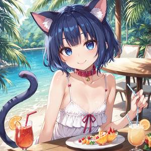 masterpiece, best quality, ultra-detailed, score_9, score_8_up, score_7_up, 
focus on face,

(one girl), 

shiny dark blue hair, shiny dark blue cat ears ,  short bob hair, dark blue medium hair, shiny dark blue hairs ,blue eyes,

, kannakamui, emo, Claudia, , (((flat chest))), No public hair, extremely pretty face, beautiful face, ultra-detaild face, cute and round face, ultra-detailed eyes, round eyes, rubby eyes, droopy eyes , 

beautiful and delicate and ultra-detailed finger, 

(((very young Petite girl))), skinny,

((nekomimi)),Cat ears the same color as her hair, cat collar,

summer, in the lakeside, outdoor, resort,
 in  the open cafe, sit at a table, one tropical juice, two straws,

white Summer-like camisole dress , colored lace line ribbon, lots of lace, shyness, smile, happy,

cat tail,
