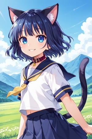 masterpiece, best quality, ultra-detailed, score_9, score_8_up, score_7_up, focus on face, (one girl), solo, shiny dark blue hair, shiny dark blue cat ears , short bob hair, dark blue medium hair, shiny dark blue hairs ,blue eyes, , kannakamui, emo, Claudia, , (((flat chest))), No public hair, extremely pretty face, beautiful face, ultra-detaild face, cute and round face, ultra-detailed eyes, round eyes, rubby eyes, droopy eyes, beautiful and delicate and ultra-detailed finger, (((very young Petite girl))), skinny, ((cat ears)),Cat ears the same color as her hair, cat collar, cat tail, summer, japan, country, countryside, mountain range, paddy field, walking, hands free,yellow line on 
 white school uniform , , yellow ribbon tie , blowing in the wind, shyness, smile, happy, look at viewer, shot from below, ,mirham,angeldust_style,scenery, kizaki school uniform
