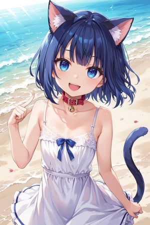 masterpiece, best quality, ultra-detailed, score_9, score_8_up, score_7_up, 
focus on face,

(one girl), shot from above,

shiny dark blue hair, shiny dark blue cat ears ,  short bob hair, dark blue medium hair, shiny dark blue hairs ,blue eyes,

, kannakamui, emo, Claudia, , (((flat chest))), No public hair, extremely pretty face, beautiful face, ultra-detaild face, cute and round face, ultra-detailed eyes, round eyes, rubby eyes, droopy eyes , 

beautiful and delicate and ultra-detailed finger, 

(((very young Petite girl))), skinny,

((nekomimi)),Cat ears the same color as her hair, cat collar,

summer, in the lakeside beach, outdoor, resort,
 in  the see ,on shallow water, hands to skirt lift, kicking shallow water,

white Summer-like camisole dress , colored lace line ribbon, lots of lace, shyness, smile, happy, small open mouth,

cat tail,

