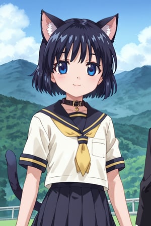 masterpiece, best quality, ultra-detailed, score_9, score_8_up, score_7_up, focus on face, (one girl), solo, shiny dark blue hair, shiny dark blue cat ears , short bob hair, dark blue medium hair, shiny dark blue hairs ,blue eyes, , kannakamui, emo, Claudia, , (((flat chest))), No public hair, extremely pretty face, beautiful face, ultra-detaild face, cute and round face, ultra-detailed eyes, round eyes, rubby eyes, droopy eyes, beautiful and delicate and ultra-detailed finger, (((very young Petite girl))), skinny, ((cat ears)),Cat ears the same color as her hair, cat collar, cat tail, summer, japan, country, countryside, mountain range, paddy field, walking, hands free, ((school uniform)), short sleeve, yellow ribbon tie, blowing in the wind, shyness, smile, happy, look at viewer, shot from below, ,mirham,angeldust_style,scenery,herikawa koishi