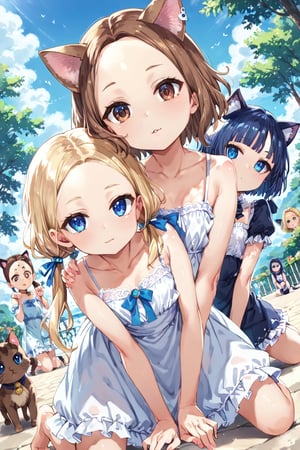 masterpiece, best quality, ultra-detailed, score_9, score_8_up, score_7_up, 
facing viewer, above view, 

,(((Three girls))), 

the first one (shiny brown hair, shiny brown cat ears ,  short hair, light blonde medium hair, low twintails, shiny brown hairs ,brown eyes, ), 

the second one (shiny blonde hair,(((blunt bangs:1.4))),(((very short bangs:1.4))),(((forehead:1.3))), shiny blonde cat ears ,  short hair, light blonde medium hair, low twintails, shiny blonde hairs ,blue eyes ),

the third one (shiny dark blue hair, shiny dark blue cat ears ,  short bob hair, dark blue medium hair, , shiny dark blue hairs ,blue eyes ),

, kannakamui, emo, Claudia, , (((flat chest))), No public hair, extremely pretty face, beautiful face, ultra-detaild face, cute and round face, ultra-detailed eyes, round eyes, rubby eyes, droopy eyes , 

Exact finger count, beautiful and delicate and ultra-detailed finger, 1 of the 5 beautiful fingers is a thumb and natural shape,

(((very young Petite girl))), skinny,

((leaning forward)),((pow pose)), kneeling ,hip shift ,

good friends, holding hands, sexfriend,

summer, in the lakeside, outdoor,

white Summer-like camisole dress , colored lace line ribbon, lots of lace,
