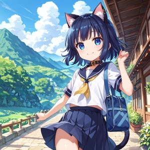 masterpiece, best quality, ultra-detailed, score_9, score_8_up, score_7_up, 
focus on face,

(one girl), solo,

shiny dark blue hair, shiny dark blue cat ears ,  short bob hair, dark blue medium hair, shiny dark blue hairs ,blue eyes,

, kannakamui, emo, Claudia, , (((flat chest))), No public hair, extremely pretty face, beautiful face, ultra-detaild face, cute and round face, ultra-detailed eyes, round eyes, rubby eyes, droopy eyes, 

beautiful and delicate and ultra-detailed finger, 

(((very young Petite girl))), skinny,

((cat ears)),Cat ears the same color as her hair, cat collar, cat tail,

summer, japan, country, countryside, mountain range, paddy field, 


walking, carry a blue student bag on one's shoulder, hands free,

(((white summer school uniform))), short sleeve, yellow ribbon tie,  wind,

shyness, smile, happy,

look at viewer, shot from below, 

,mirham,angeldust_style,scenery