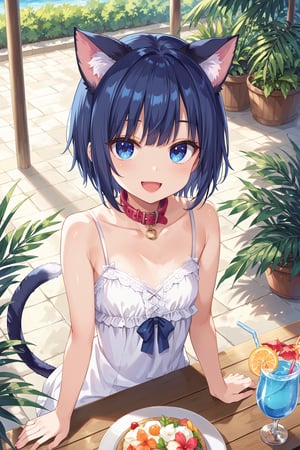 masterpiece, best quality, ultra-detailed, score_9, score_8_up, score_7_up, 
focus on face,

(one girl), shot from above,

shiny dark blue hair, shiny dark blue cat ears ,  short bob hair, dark blue medium hair, shiny dark blue hairs ,blue eyes,

, kannakamui, emo, Claudia, , (((flat chest))), No public hair, extremely pretty face, beautiful face, ultra-detaild face, cute and round face, ultra-detailed eyes, round eyes, rubby eyes, droopy eyes , 

beautiful and delicate and ultra-detailed finger, 

(((very young Petite girl))), skinny,

((nekomimi)),Cat ears the same color as her hair, cat collar,

summer, in the lakeside, outdoor, resort,
 in  the open cafe, sit at a table, one tropical juice, two straws, she drinks juice ,

white Summer-like camisole dress , colored lace line ribbon, lots of lace, shyness, smile, happy, small open mouth,

cat tail,
