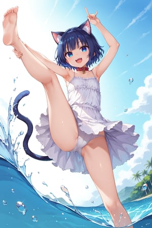 masterpiece, best quality, ultra-detailed, score_9, score_8_up, score_7_up, 
focus on face,

(one girl), shot from below, full body,

shiny dark blue hair, shiny dark blue cat ears ,  short bob hair, dark blue medium hair, shiny dark blue hairs ,blue eyes,

, kannakamui, emo, Claudia, , (((flat chest))), No public hair, extremely pretty face, beautiful face, ultra-detaild face, cute and round face, ultra-detailed eyes, round eyes, rubby eyes, droopy eyes , 

beautiful and delicate and ultra-detailed finger, 

(((very young Petite girl))), skinny,

((nekomimi)),Cat ears the same color as her hair, cat collar,

summer, in the lakeside beach, outdoor, resort,
 in  the see ,on shallow water, hands to white skirt lift, hands to white skirt hold ,((kick up water)),
 ,(Splashing water from ankle),
((water drops on legs)),

all white Summer-like camisole dress , colored lace line ribbon, lots of lace, shyness, smile, happy, small open mouth,

cat tail,
