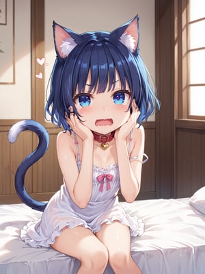 masterpiece, best quality, 8k, ultra-detailed, score_9, score_8_up, score_7_up, , kannakamui, 
shiny dark blue hair, shiny dark blue cat ears , short bob hair, dark blue medium hair, shiny dark blue hairs ,blue eyes, (((flat chest))), No public hair, extremely pretty face, beautiful face, ultra-detaild face, cute and round face, ultra-detailed eyes, round eyes, rubby eyes, droopy eyes , beautiful and delicate and ultra-detailed finger, (((very young Petite girl))), skinny,  cat collar, cat tail, (((Tail shaped like a heart))),

only white Summer-like camisole dress , colored lace line ribbon, lots of lace, white dress skret,

in the lakeside, in asian house, on bed,
shot from front, cowboy shot,

((watery eyes)), bow, V-shaped eyebrows, tears, cry, fullblush,
open mouth, wavy mouth,

(((Leaning Forward , hands on cheek, M-shaped sitting, knees away, , look at down))),


