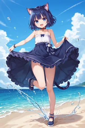 masterpiece, best quality, ultra-detailed, score_9, score_8_up, score_7_up, 
focus on face,

(one girl), shot from below, full body,

shiny dark blue hair, shiny dark blue cat ears ,  short bob hair, dark blue medium hair, shiny dark blue hairs ,blue eyes,

, kannakamui, emo, Claudia, , (((flat chest))), No public hair, extremely pretty face, beautiful face, ultra-detaild face, cute and round face, ultra-detailed eyes, round eyes, rubby eyes, droopy eyes , 

beautiful and delicate and ultra-detailed finger, 

(((very young Petite girl))), skinny,

((nekomimi)),Cat ears the same color as her hair, cat collar,

summer, in the lakeside beach, outdoor, resort,
 in  the see ,on shallow water, (((hands to dress lift))), (kick up water),
 ,(Splashing water from ankle),
((water drops on legs)),(water on legs),

all white Summer-like camisole dress , colored lace line ribbon, lots of lace, shyness, smile, happy, small open mouth,

cat tail,
