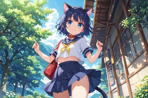 masterpiece, best quality, ultra-detailed, score_9, score_8_up, score_7_up, 
focus on face,

(one girl), solo,

shiny dark blue hair, shiny dark blue cat ears ,  short bob hair, dark blue medium hair, shiny dark blue hairs ,blue eyes,

, kannakamui, emo, Claudia, , (((flat chest))), No public hair, extremely pretty face, beautiful face, ultra-detaild face, cute and round face, ultra-detailed eyes, round eyes, rubby eyes, droopy eyes, 

beautiful and delicate and ultra-detailed finger, 

(((very young Petite girl))), skinny,

((cat ears)),Cat ears the same color as her hair, cat collar, cat tail,

summer, japan, country, countryside, mountain range, paddy field, 


walking, carry a blue student bag on one's shoulder, hands free,

(((white summer school uniform))), short sleeve, yellow ribbon tie,  wind,

shyness, smile, happy,

look at viewer, shot from below, 

,mirham,angeldust_style,scenery