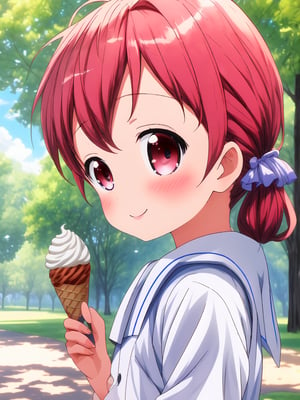 natsu megumi, 8k, masterpiece, absurdres, anime,
perfect hands, beautiful details eyes,

cute pose, smile,
in the Park,
eat ice cream,
from side, bust up shot,