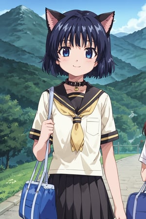 masterpiece, best quality, ultra-detailed, score_9, score_8_up, score_7_up, 
focus on face,

(one girl), 

shiny dark blue hair, shiny dark blue cat ears ,  short bob hair, dark blue medium hair, shiny dark blue hairs ,blue eyes,

, kannakamui, emo, Claudia, , (((flat chest))), No public hair, extremely pretty face, beautiful face, ultra-detaild face, cute and round face, ultra-detailed eyes, round eyes, rubby eyes, droopy eyes , 

beautiful and delicate and ultra-detailed finger, 

(((very young Petite girl))), skinny,

((nekomimi)),Cat ears the same color as her hair, cat collar,

summer, japanese countryside, mountain range, tanbo, suiden, square paddy field, on the ridge road, outdoor,

walking, hands on a bag, swing the bag, leather school bag,

(((school uniform))),

shyness, smile, happy,

cat tail,
,[[[herikawa koishi]]]