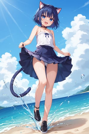 masterpiece, best quality, ultra-detailed, score_9, score_8_up, score_7_up, 
focus on face,

(one girl), shot from below, full body,

shiny dark blue hair, shiny dark blue cat ears ,  short bob hair, dark blue medium hair, shiny dark blue hairs ,blue eyes,

, kannakamui, emo, Claudia, , (((flat chest))), No public hair, extremely pretty face, beautiful face, ultra-detaild face, cute and round face, ultra-detailed eyes, round eyes, rubby eyes, droopy eyes , 

beautiful and delicate and ultra-detailed finger, 

(((very young Petite girl))), skinny,

((nekomimi)),Cat ears the same color as her hair, cat collar,

summer, in the lakeside beach, outdoor, resort,
 in  the see ,on shallow water, (((hands to skirt lift))), (kick up water),
 ,(Splashing water from ankle),
((water drops on legs)),(water on legs),

all white Summer-like camisole dress , colored lace line ribbon, lots of lace, shyness, smile, happy, small open mouth,

cat tail,
