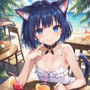 masterpiece, best quality, ultra-detailed, score_9, score_8_up, score_7_up, 
focus on face,

(one girl), shot from above,

shiny dark blue hair, shiny dark blue cat ears ,  short bob hair, dark blue medium hair, shiny dark blue hairs ,blue eyes,

, kannakamui, emo, Claudia, , (((flat chest))), No public hair, extremely pretty face, beautiful face, ultra-detaild face, cute and round face, ultra-detailed eyes, round eyes, rubby eyes, droopy eyes , 

beautiful and delicate and ultra-detailed finger, 

(((very young Petite girl))), skinny,

((nekomimi)),Cat ears the same color as her hair, cat collar,

summer, in the lakeside, outdoor, resort,
 in  the open cafe, sit at a table, one tropical juice, two straws, drink with a straw,

white Summer-like camisole dress , colored lace line ribbon, lots of lace, shyness, smile, happy,

cat tail,
