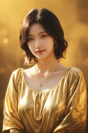 1girl, solo, black hair, dress, jewelry, necklace, watermark,upper body, glowing effect , low_light golden shade background