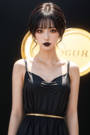 1girl, solo, black hair, dress, jewelry, necklace, watermark,upper body, glowing effect , low_light golden shade background is wearing tight maxi dress with black lipstick and mascara 