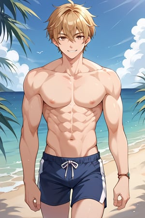 score_9, score_8_up, score_7_up, score_6_up, score_5_up, score_4_up, source_anime, luke_pearce , BREAK, 1boy, ,male focus, blonde hair, hazel eyes, looking at viewer, smile,,   ,brown hair, short hair, 
,Beach shorts, shore
, muscular, hair between eyes